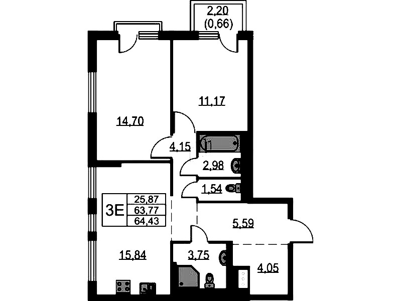 2-комнатная квартира 64.43 м², 13/17 эт., ЖК «Невская Долина»